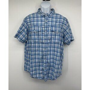 Columbia Mens Blue Plaid Short Sleeve Button-Up Shirt Size L 100% Cotton